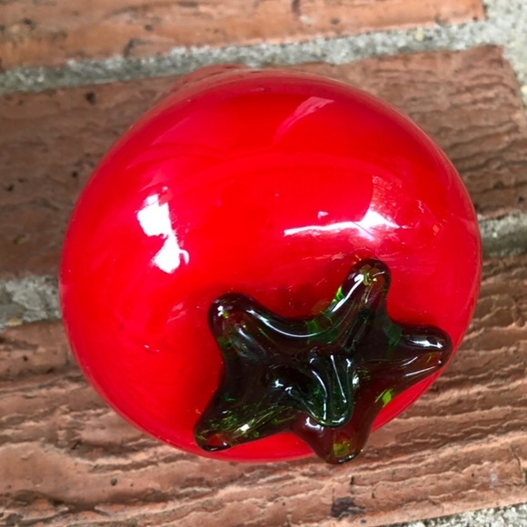 Large Red Strawberry Hand Blown Glass Art Red & Green Lightly Textured - Picture 3 of 5
